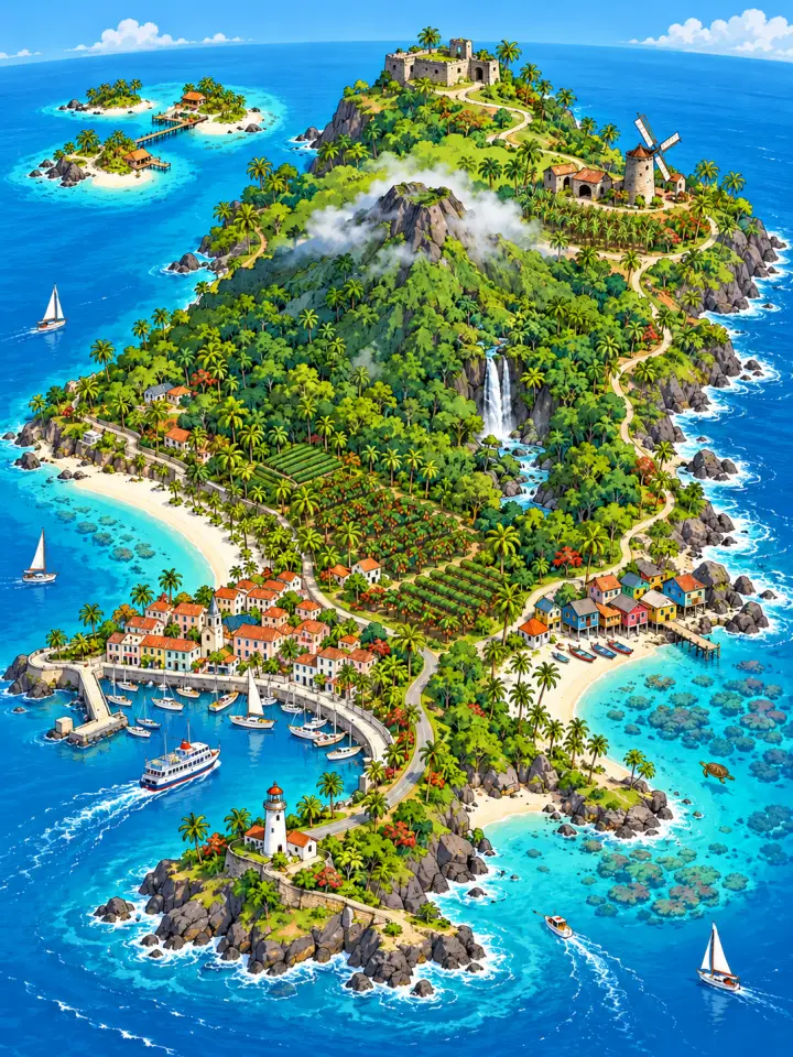 A painted map of Île Lucette: a green tropical island with a harbour town, a lighthouse, a fort on the hill and coral reefs